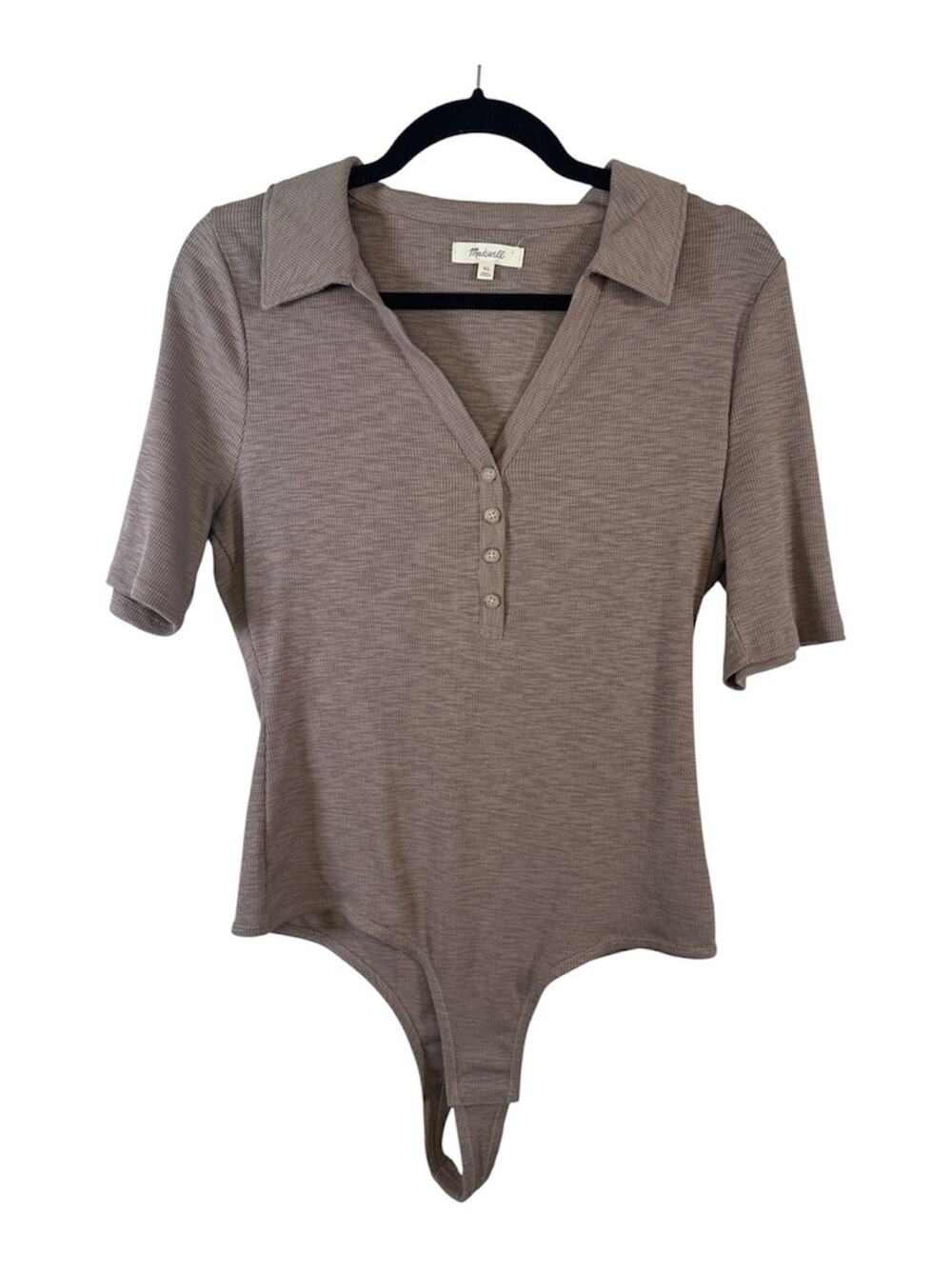 Madewell Brown Short Sleeve Henley Bodysuit Womens XL Casual Ribbed Shirt Top